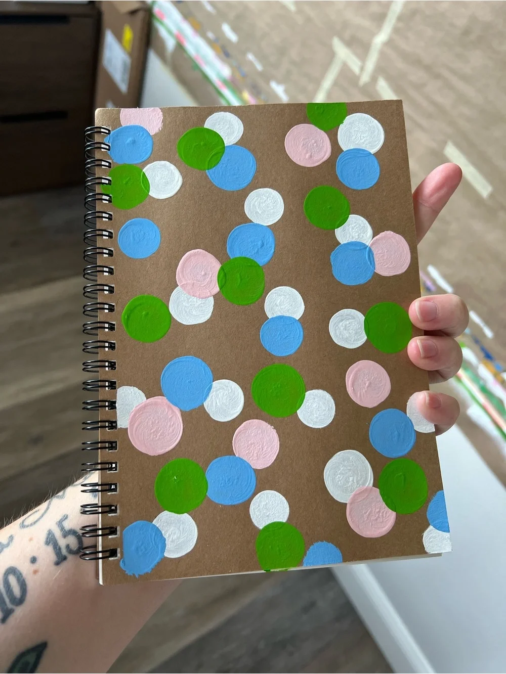 Hand-Painted Spiral Notebook — Brown Cover with Blue, Green, Pink & White Dots